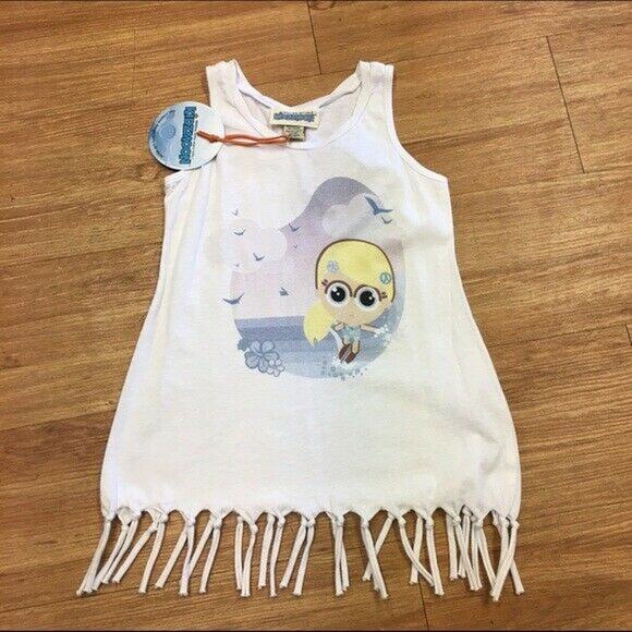 Kidzmoon Girls Swim Coverup Tank Size 3 Kawaii Eyes Fringe White NEW - Picture 3 of 5
